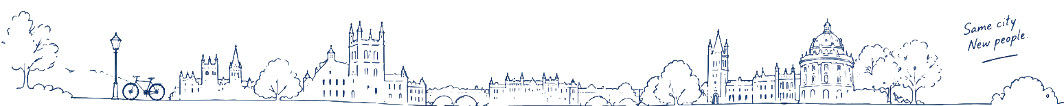 A line drawing of an Oxford street: a lamp-post, a bicycle, trees, a run of college buildings, a bridge, and the words Same city, New people
