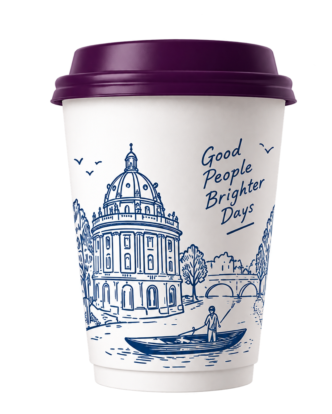A Lavender takeaway coffee cup, front-facing, illustrated with an Oxford scene and the words Good People Brighter Days